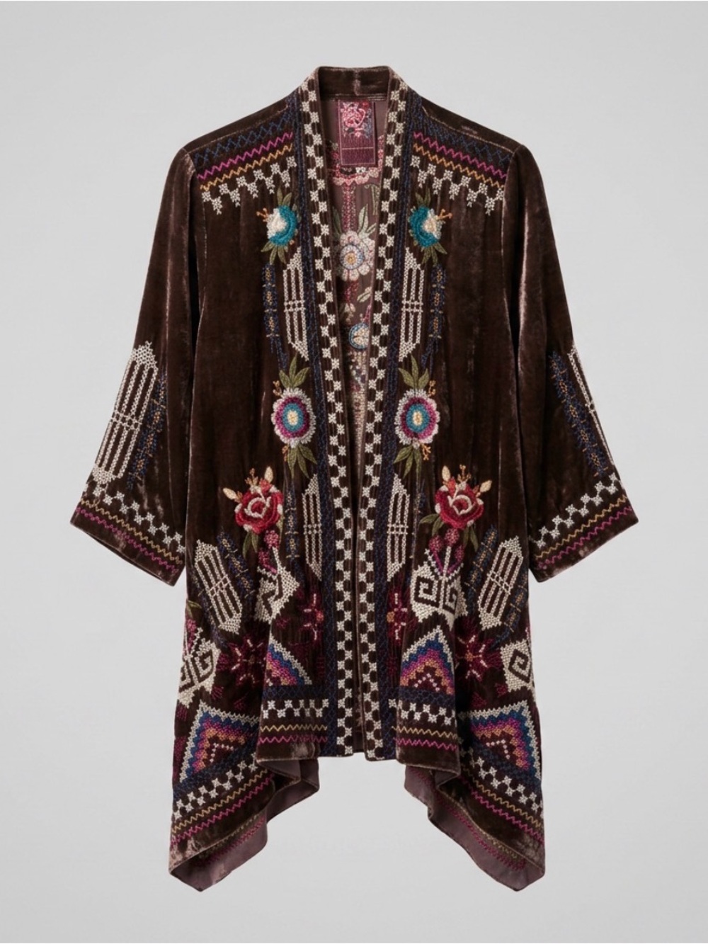 JOHNNY WAS KIMONO CARDIGAN LONG VELVET RAYON SILK EMBROIDERED FEMININE WHIMSY